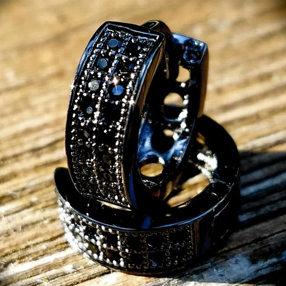 Black Iced Out Hoop Huggie 2 Row Earrings - Picture 3 of 3